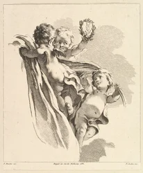 Tres Amores, uno sosteniendo una corona, del Cuarto Libro de Grupos de Niños, siglo XVIII