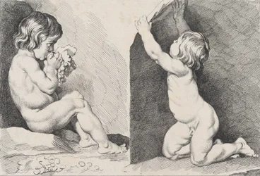 Dos niños desnudos comiendo uvas, del Nuevo Libro de Niños, 1720-60