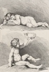 Dos niños desnudos, uno durmiendo y el otro sosteniendo una corona, del Nuevo Libro de Niños..., 1720-60