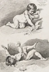Dos niños desnudos jugando con una hoja, del Nuevo libro de los niños, 1720-60