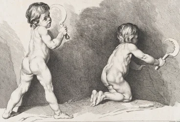 Dos niños desnudos de pie, del Nuevo libro de los niños, 1720-60