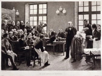 Una lección clínica del doctor Charcot en la Salpêtrière en 1887. Estudiantes del departamento del profesor Jean Martin Charcot, quien explica el caso de Blanche Wittman, su paciente y conejillo de Indias preferido para sus investigaciones sobre la