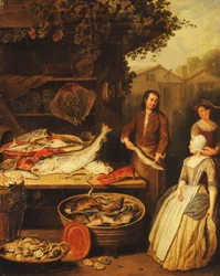 Un pescadero mostrando un lucio a una doncella, 1727