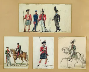 Los uniformes de los soldados escoceses y oficiales prusianos, ingleses, hanoverianos y rusos en 1814