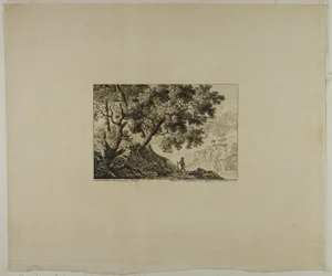 Paisaje con hombre portando bastón