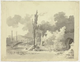 Vista del parque de Versalles: Puente arqueado con columnas