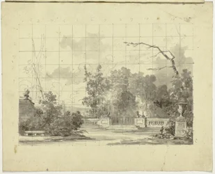 Vista del parque de Versalles: Balaustrada con dos esfinges Urna