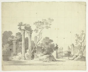 Vista del parque de Versalles: Columnas en ruinas y una puerta de hierro abierta