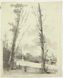 Vista del parque de Versalles: Dos álamos con paseo balaustrado al fondo