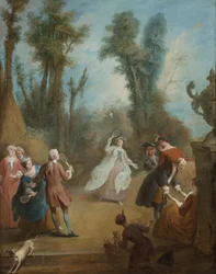 Elegantes figuras jugando al volante en un parque, hacia 1730