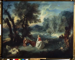 ""Escena Pastoral"" Escena de seducción entre pastores. Pintura de Pierre Antoine Quillard (1701-1733) alrededor de 1730 Museo Pushkin, Moscú