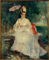 Mujer con sombrilla en el jardín