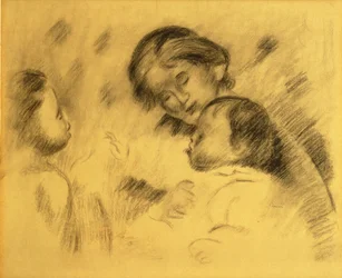 Gabrielle Renard con Jean Renoir y una niña, c.1895-96 (tiza negra sobre tabla)