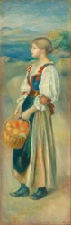 Niña con una cesta de naranjas