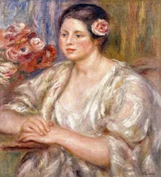 Madeleine con blusa blanca y ramo de flores, c.1915-1919