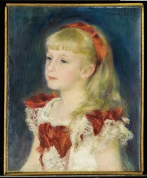 Mademoiselle Grimprel con la cinta roja (Helene Grimprel, hacia 1873-?) - Pintura de Pierre Auguste Renoir (1841-1919), óleo sobre lienzo (45x35 cm)