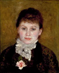 Mujer con un collar blanco. Retrato de una mujer con una rosa