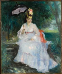 Mujer con sombrilla sentada en el jardín (Lise Trehot)
