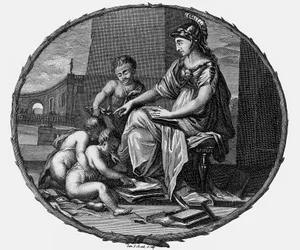Alegoría femenina de la razón y la creatividad rodeada de niños,1695-1697 (grabado)