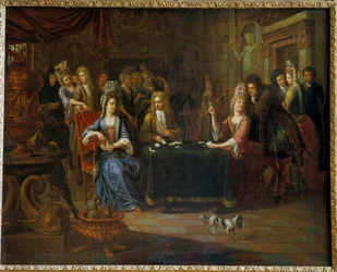 Nobles jugando a las cartas en un salón. Pintura de Pierre Bergaigne (1652-1708) 1699 Arras, Museo de Bellas Artes
