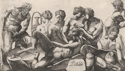 Ocho sátiros y sátiresas terminando una comida, 1607-61