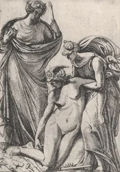 Estudio apoyando la personificación desmayada de la Escultura, de pie junto a ellos, Fran..., 1607-61