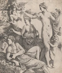 Venus, de pie con las tres Gracias, recibe una flor de un putto, 1607-61