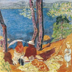 Borde del mar, bajo los pinos