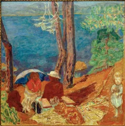 Borde del mar, bajo los pinos