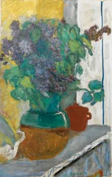 Francés: Lilas mauve dans un vase de terre jaune et vert