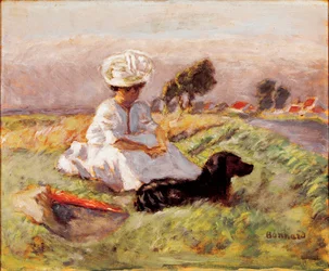 Madame Bonnard - La esposa del pintor está sentada en el sofá con su perro. Pintura de Pierre Bonnard