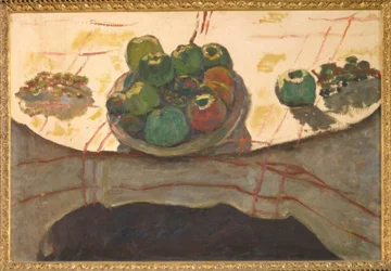 Naturaleza muerta; plato y frutas o tazón de melocotones