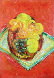 Melocotones y uvas sobre un mantel rojo, c.1943