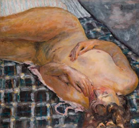 Desnudo recostado sobre una tela escocesa blanca y azul, c.1909 (óleo sobre lienzo)