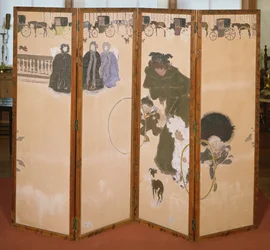 Las niñeras de paseo o el friso de los carruajes de alquiler, biombo plegable en 4 paneles, 1899