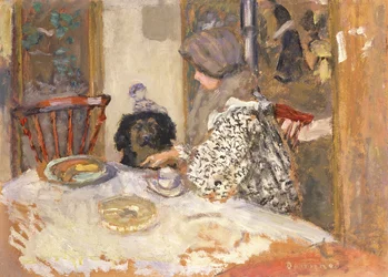 Mujer con perro en la mesa