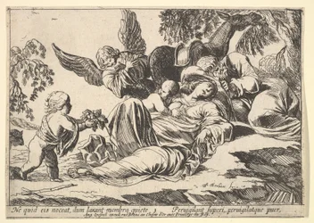 Ángeles dando fruta a la Sagrada Familia dormida, 1610-42
