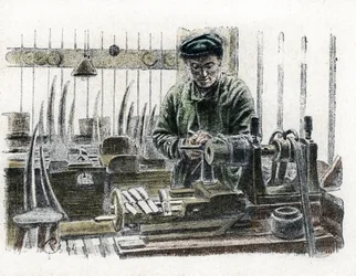 Un marfileño tallando colmillos de elefante en su taller trabajando en las defensas del elefante (Ivory worker carving elephant tusks) Grabado de "Excursion a travers les metiers" de Pierre Calmette Collection privee