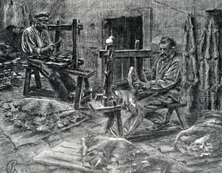 Artesanos descarnando las pieles de oveja Grabado de "Excursion a travers les metiers" de Pierre Calmette Colección particular