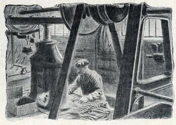 Estampación de cubiertos con un molino Grabado de "Excursion a travers les metiers" de Pierre Calmette Colección particular
