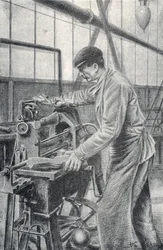 Corte de culatas de fusil en una fábrica de armas Grabado de Pierre Calmette Colección particular