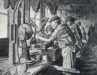 Taller de tallado en la fábrica de cristal de Sevres, cerca de París Grabado de "Excursion a travers les metiers" de Pierre Calmette Colección particular