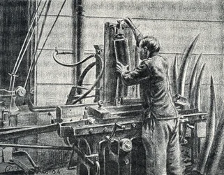 Artesano del marfil cortando colmillos de elefante Grabado de "Excursion a travers les metiers" de Pierre Calmette Colección particular