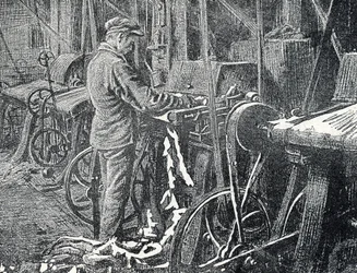 Industria del cuero: siega mecánica de pieles Grabado de "Excursion a travers les metiers" de Pierre Calmette Colección particular