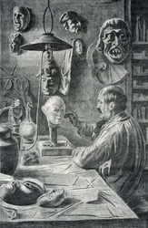 Fabricación de máscaras de teatro y de disfraz Grabado de "Excursion a travers les metiers" de Pierre Calmette Colección particular