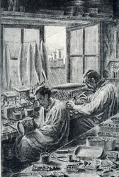 Obreros parisinos fabricando juguetes Grabado de Pierre Calmette Colección particular