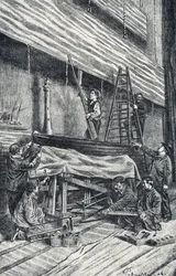 Maestros de la propiedad: montaje de decorados antes de la representación Grabado de "Excursion a travers les metiers" de Pierre Calmette Colección particular