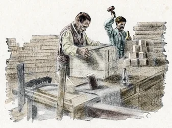Savonnerie: le decoupage des breads de soap (fabricación de pastillas de jabón) Grabado de "Excursion a travers les metiers" de Pierre Calmette Colección particular