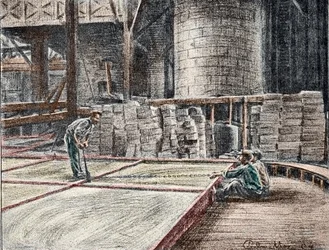 Savonnerie: le decoupage du soap dans les mises (fabricación de jabones) Grabado de "Excursion a travers les metiers" de Pierre Calmette Colección particular