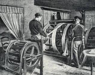 Trabajo de la seda: el desenrollado de la seda grabado de "Excursion a travers les metiers" de Pierre Calmette Colección particular